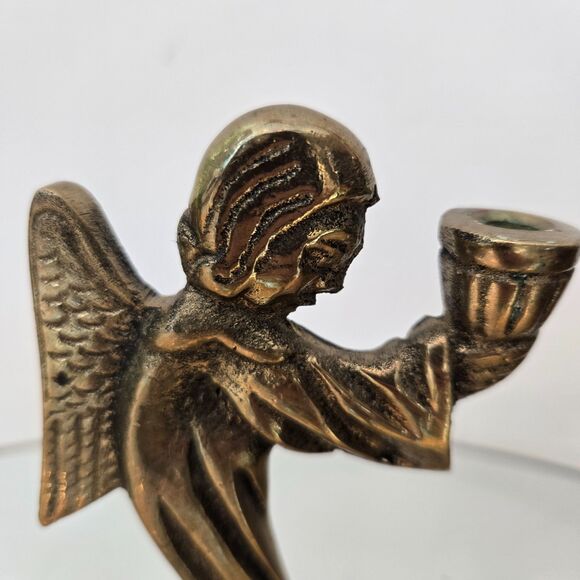 Vtg Solid Brass Set of 2 Kneeling Angel Candle Holders 5" - Small taper candles - Picture 6 of 6